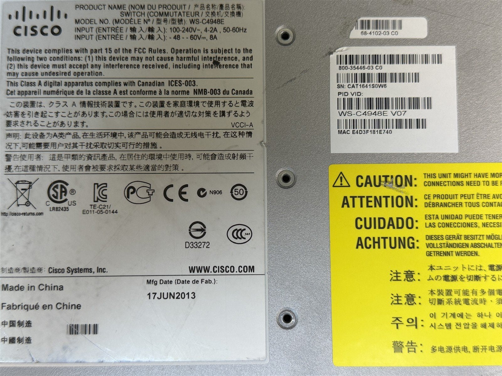 WS-C4948E CISCO CATALYST 48 PORTS GIGABIT SWITCH PWR-C49E-300AC-R