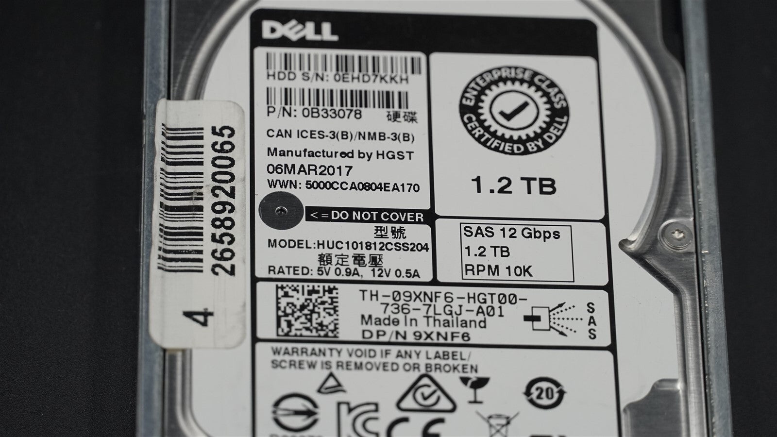 9XNF6 09XNF6 DELL 0B33078 HUC101812CSS204 1.2TB 10K 12Gb/S 2.5" SAS HARD DRIVE