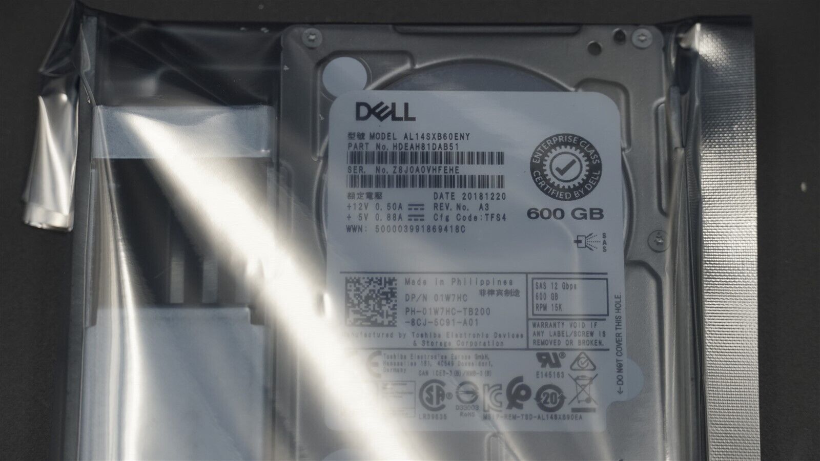 01W7HC Dell AL14SXB60ENY SAS 6Gbps RPM 15K 600GB 2.5" Enterprise Hard Drive TRAY