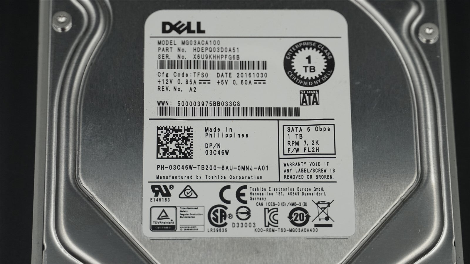 DELL 3C46W 03C46W MG03ACA100 1TB SATA 7.2K 3.5" HARD DRIVE W/ F238F TRAY