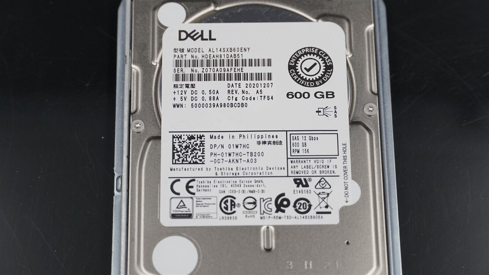 DELL 01W7HC HDEAH81DAB51 AL14SXB60ENY 600GB 15K 12Gb/S 2.5" SAS HDD W/DXD9H
