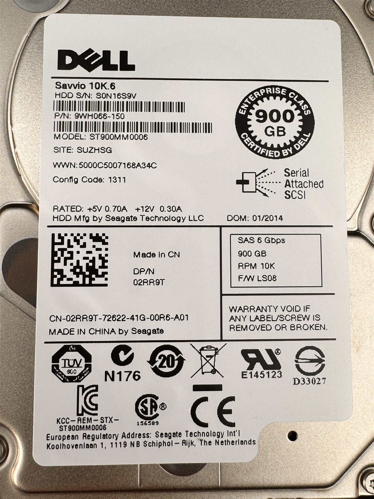 2RR9T DELL 900GB 10K 2.5" 6Gbps SAS SFF HDD ST900MM0006 FOR POWEREDGE R630 R730