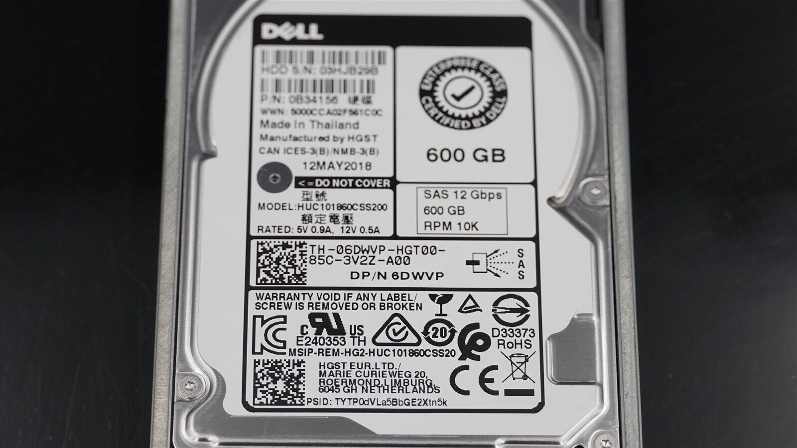 DELL 06DWVP 6DWVP HUC101860CSS200 600GB 10K 12Gb/S 2.5" SAS HDD W/CADDY