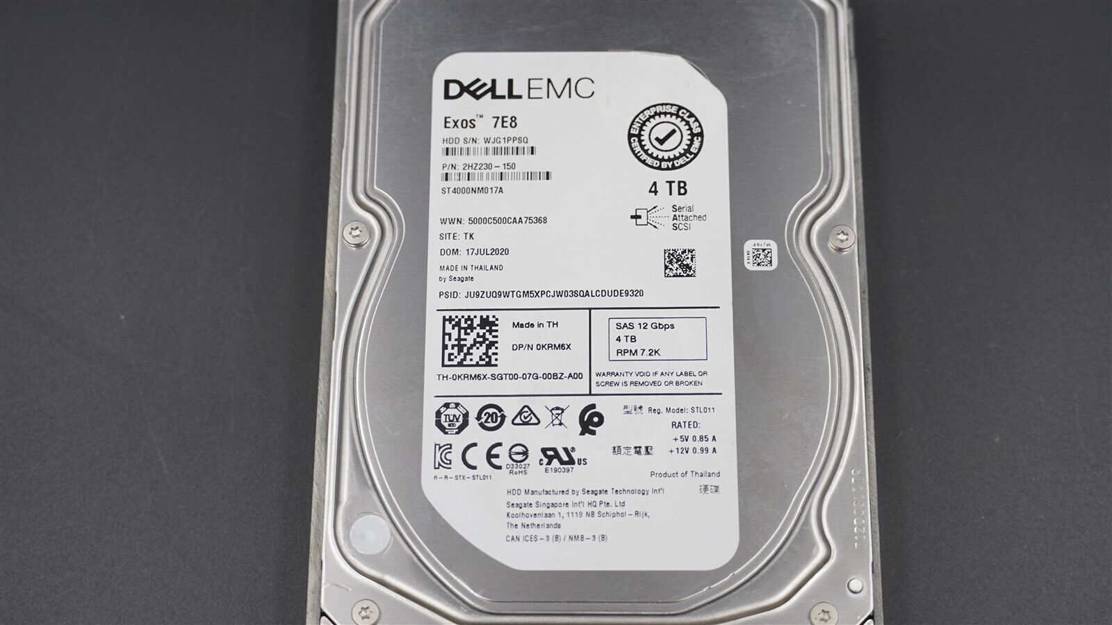 0KRM6X ST4000NM017A DELL 4TB 7200RPM LFF 3.5" SAS 12GB/S HARD DRIVE W/ TRAY