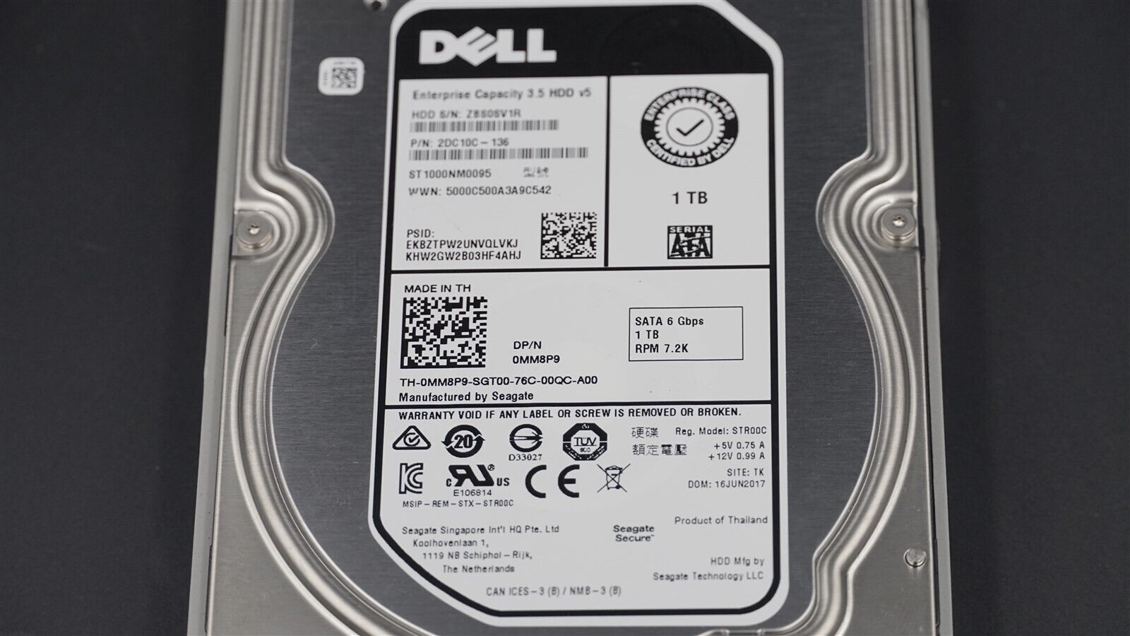 DELL MM8P9 0MM8P9 ST1000NM0095 1TB SATA 7.2K 3.5" HARD DRIVE W/ F238F TRAY