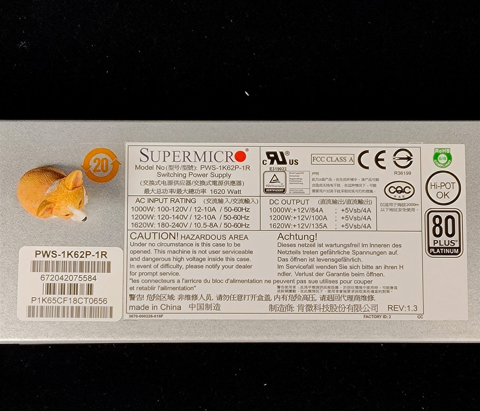 PWS-1K62P-1R SUPERMICRO 1620WATT 80+ PLATINUM SWITCHING POWER SUPPLY