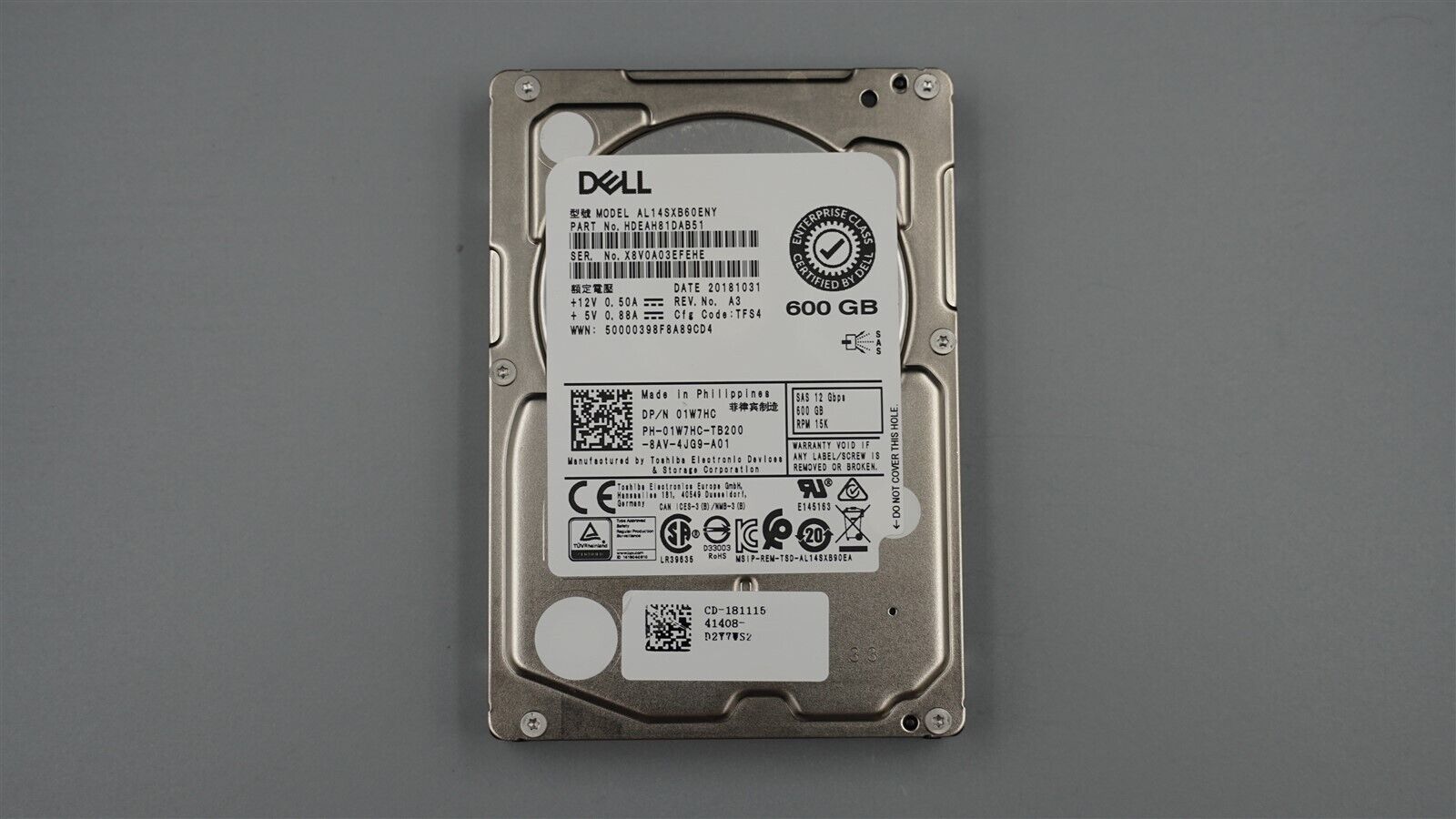 DELL 01W7HC HDEAH81DAB51 AL14SXB60ENY 600GB 15K 12Gb/S 2.5" SAS HDD