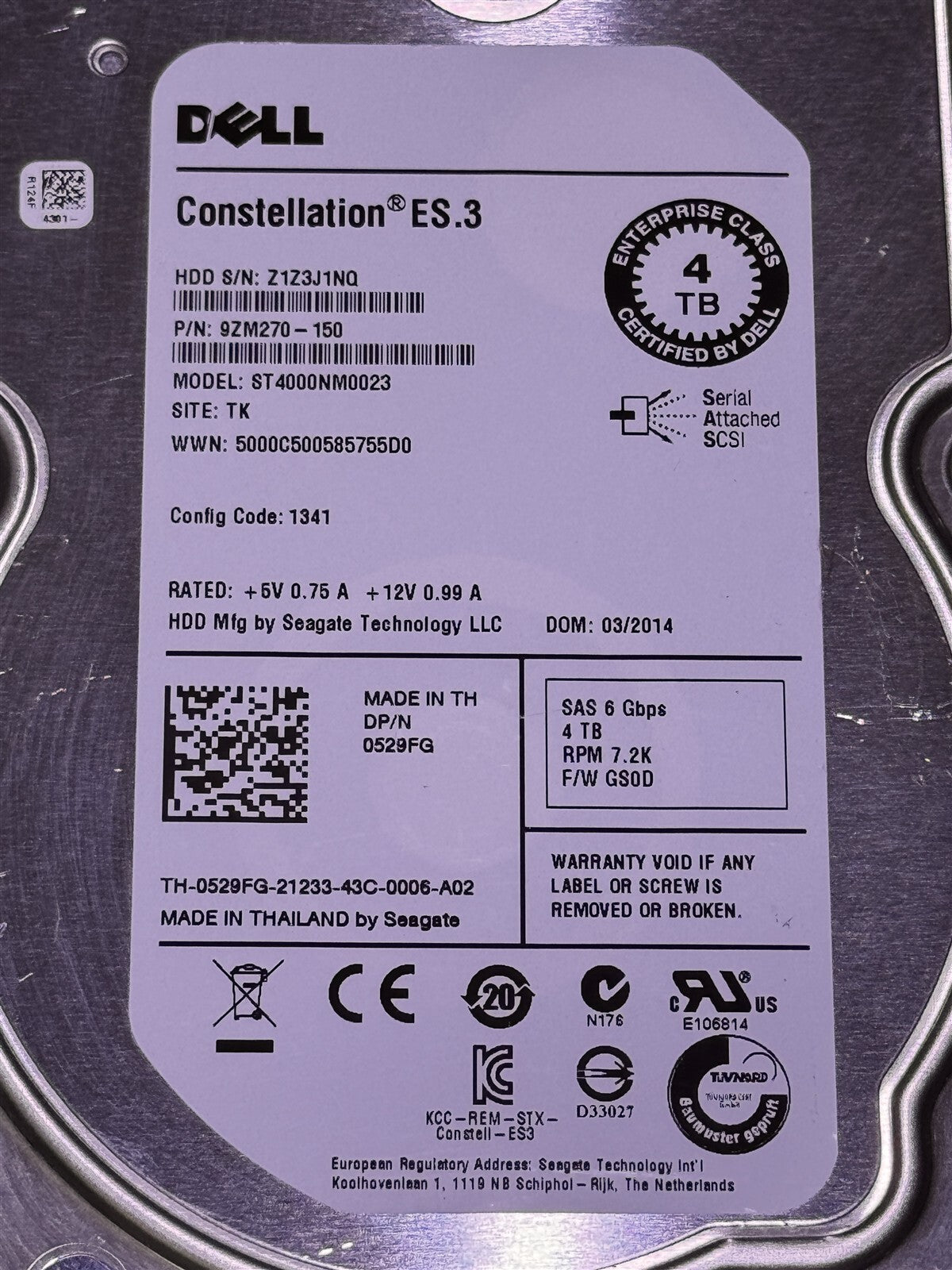 529FG DELL ST4000NM0023 4TB 7200RPM 6GBPS LFF 3.5" SAS ENTERPRISE HARD DRIVE
