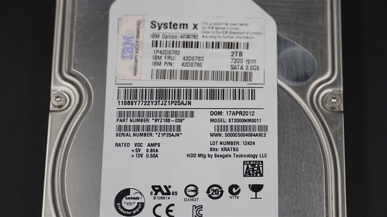 SEAGATE ST2000NM0011 42D0783 42D0786 9YZ168-039 2TB SATA 3GB/S 7.2K 3.5" HDD