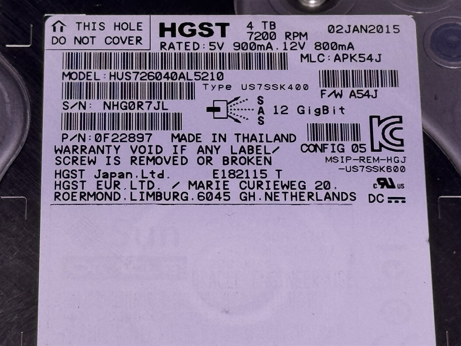 HUS726040AL5210 HGST 4TB 7.2K 3.5" SAS 12G HDD FOR DELL SERVER T730 R730 R730XD