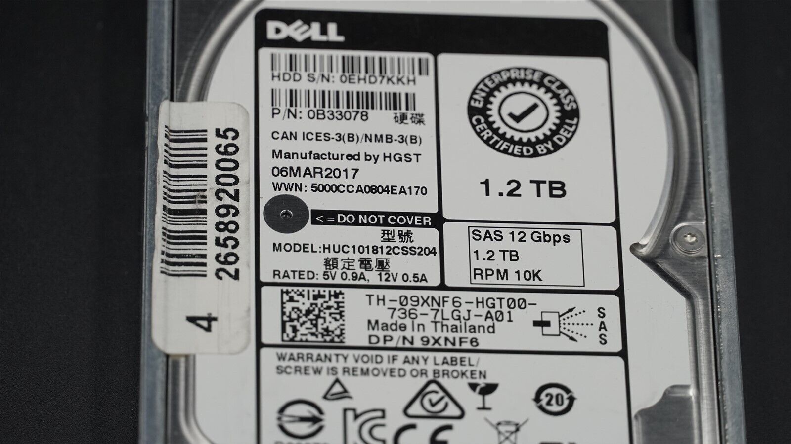 DELL 9XNF6 09XNF6 0B33078 HUC101812CSS204 1.2TB 10K 12Gb/S 2.5" SAS HARD DRIVE