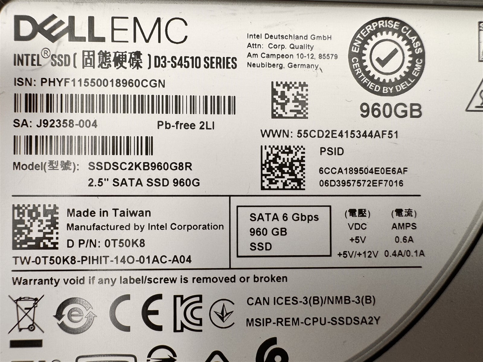 T50K8 0T50K8 DELL ECM 960GB SATA SSD 2.5" 6GBPS INTEL SSDSC2KB960G8R W/ G176J