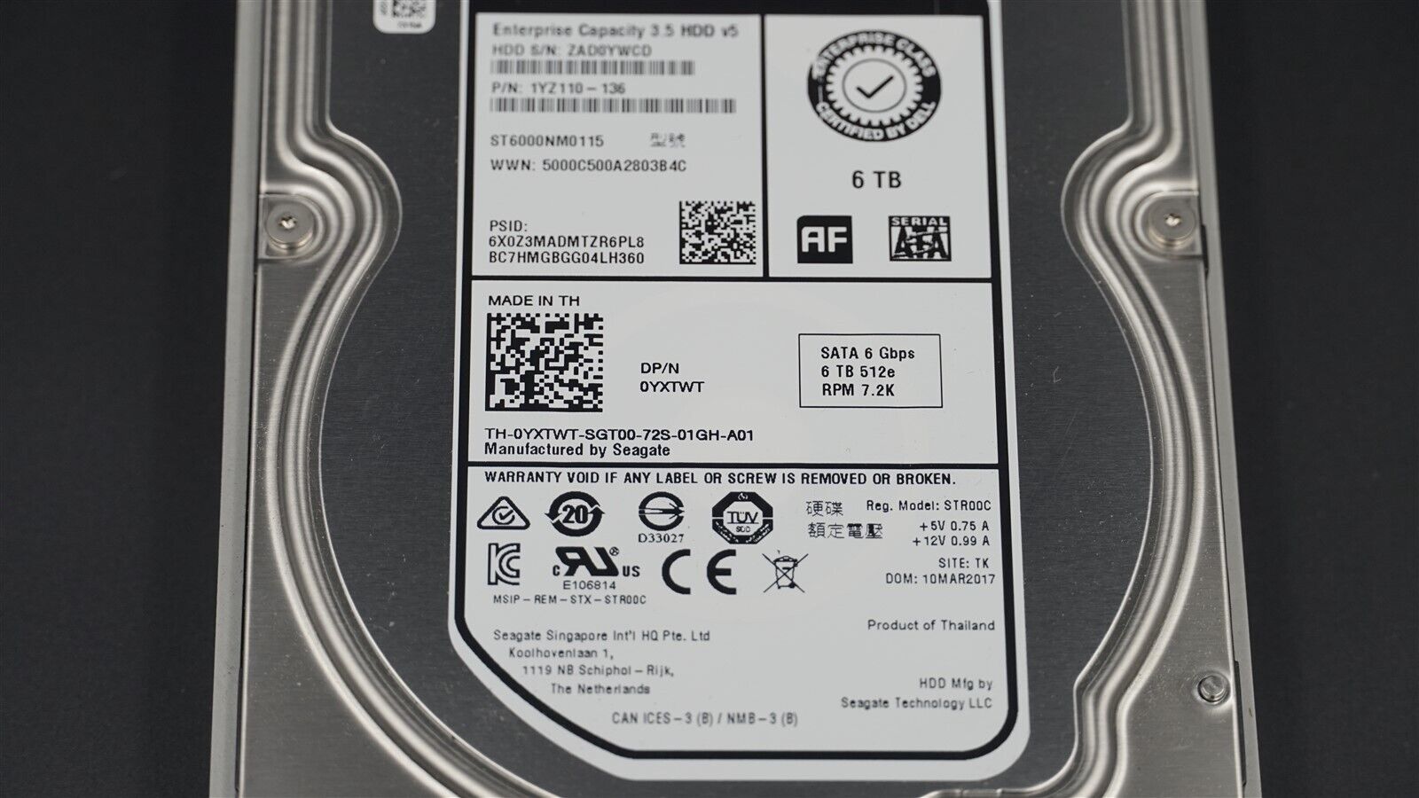 DELL YXTWT 0YXTWT SEAGATE ST6000NM0115 6TB SATA 6Gbps RPM 7.2K 3.5" HARD DRIVE