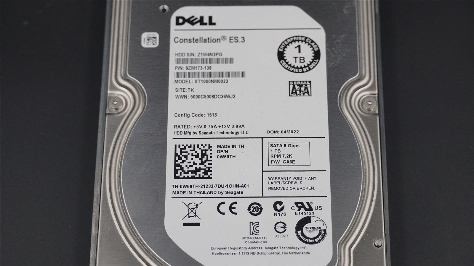 DELL 0W69TH W69TH ST1000NM0033 1TB 7.2K 6Gb/S 3.5 SATA HARD DRIVE W/F238F TRAY