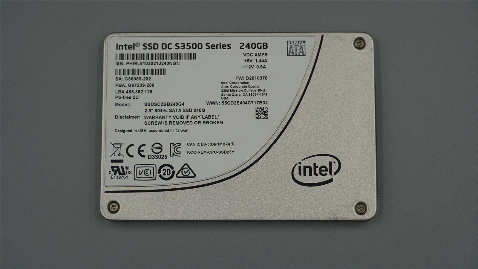 SSDSC2BB240G4 INTEL SSD DC S3500 SERIES 2.5" 240GB 6GB/S SATA SOLID STATE DRIVE