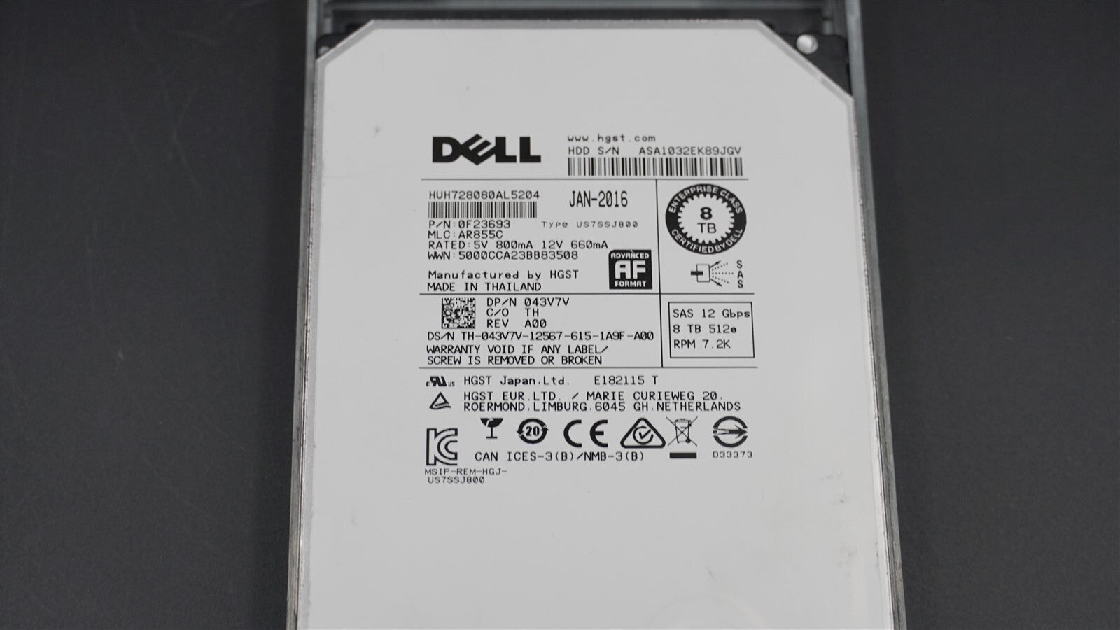 43V7V HUH728080AL5204 DELL 8TB 7200RPM LFF 3.5" SAS 12GB/S HARD DRIVE 043V7V