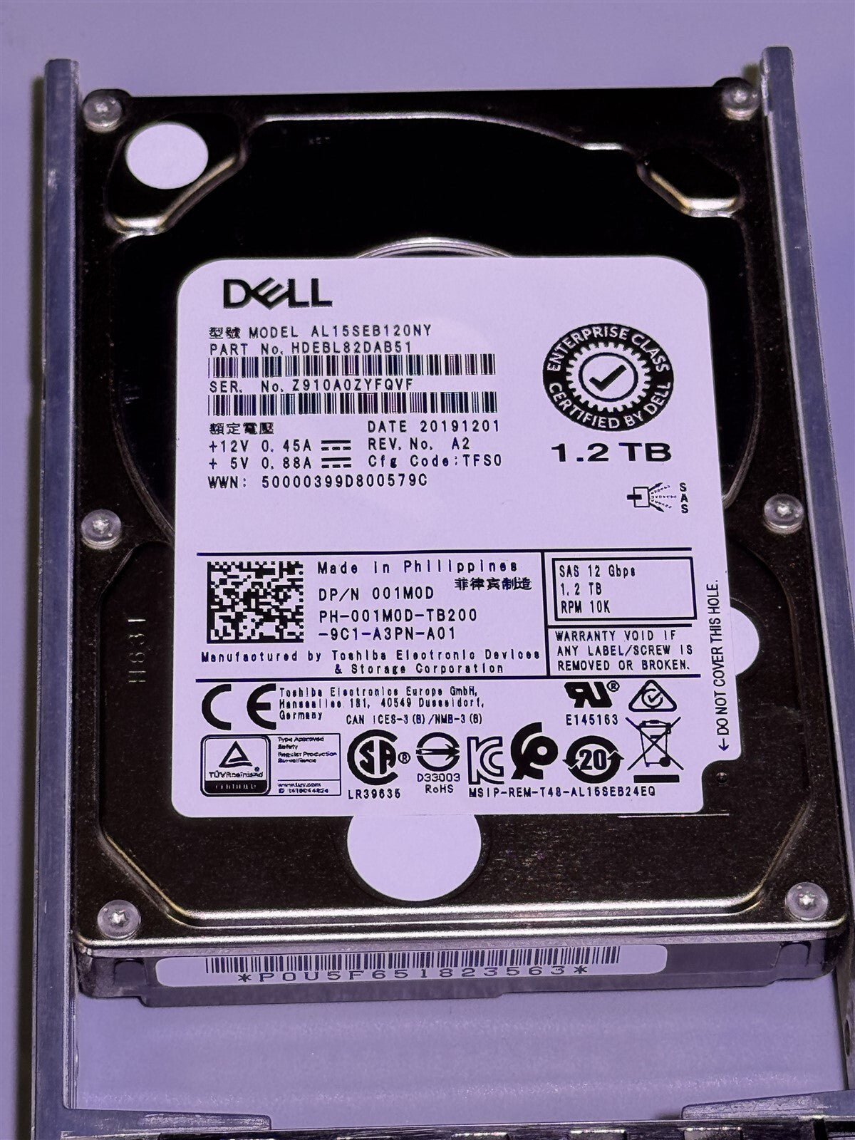 01M0D DELL 1.2TB 10K 12G 2.5" SFF SAS HARD DRIVE AL15SEB120NY TOSHIBA