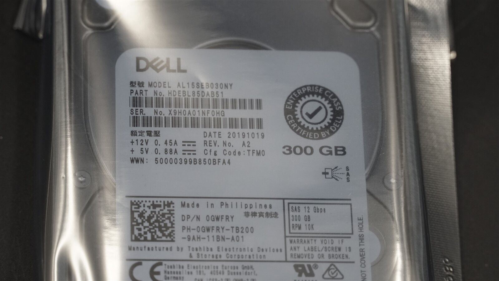 DELL GWFRY 0GWFRY HDEBL85DAB51 300GB 10K 12Gb/S 2.5" SAS HARD DRIVE W/CADDY