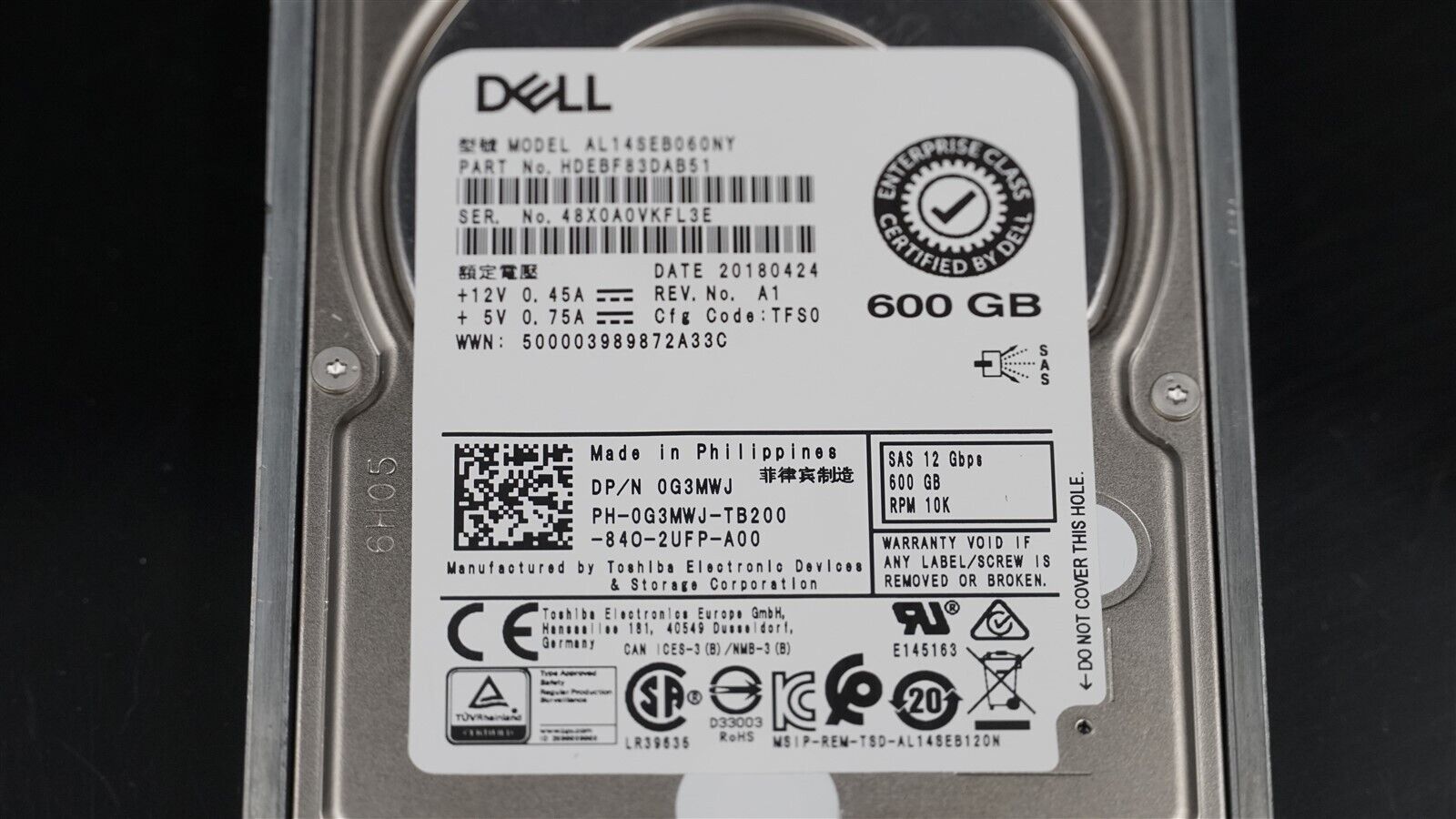 DELL 0G3MWJ AL14SEB060NY HDEBF83DAB51 600GB 10K 12Gb/S 2.5" SAS HDD W/CADDY