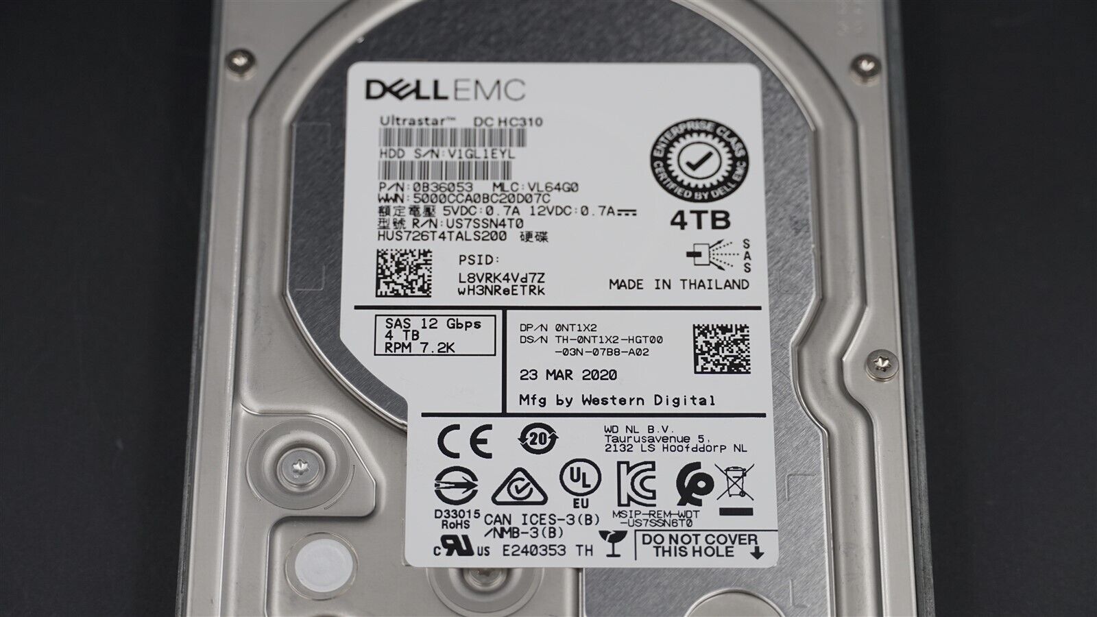 0NT1X2 HUS726T4TALS200 DELL 4TB 7200RPM LFF 3.5" SAS 12GB/S HARD DRIVE W/ TRAY