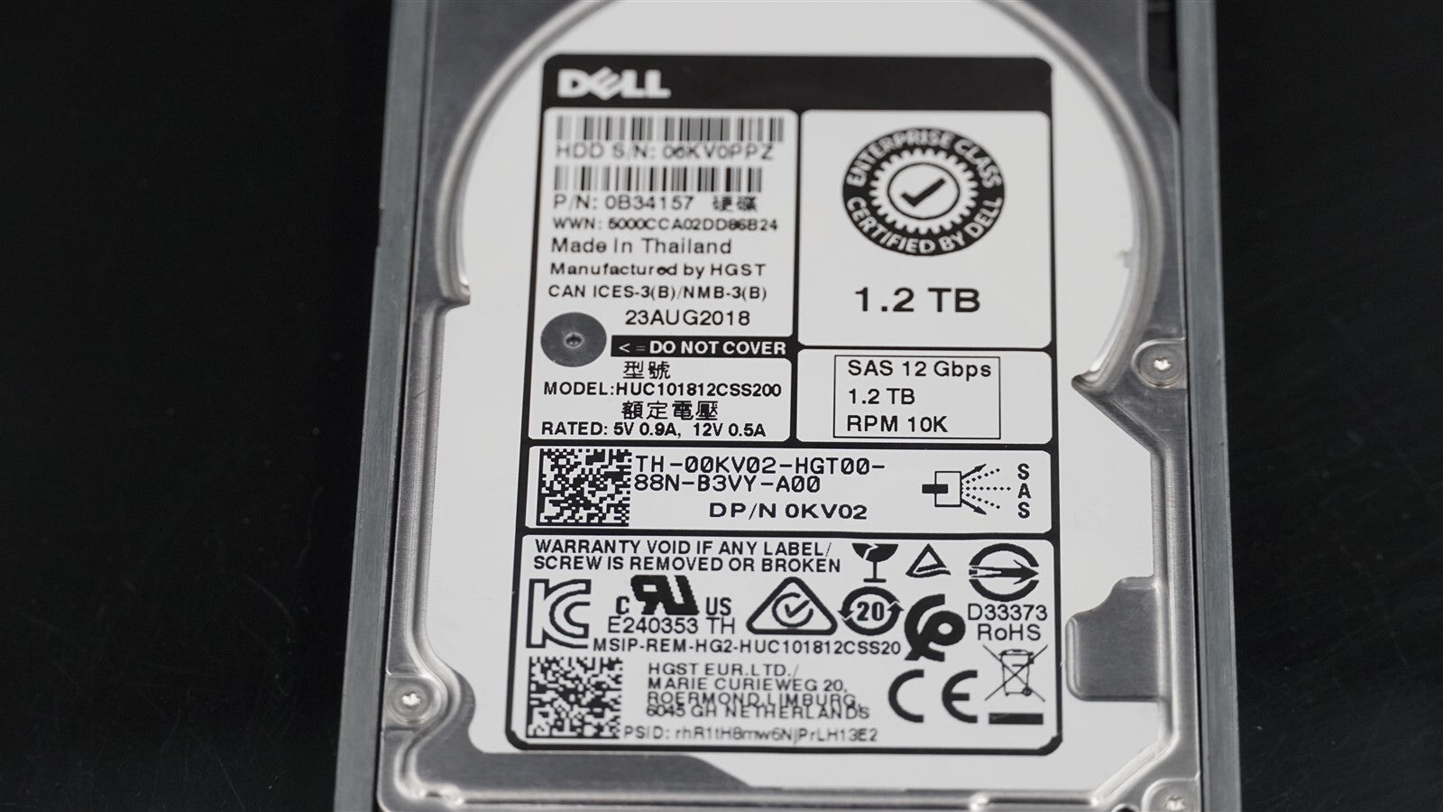 0KV02 DELL 1.2TB 10K 12Gbps 2.5" SAS ENTERPRISE HARD DRIVE HUC101812CSS200