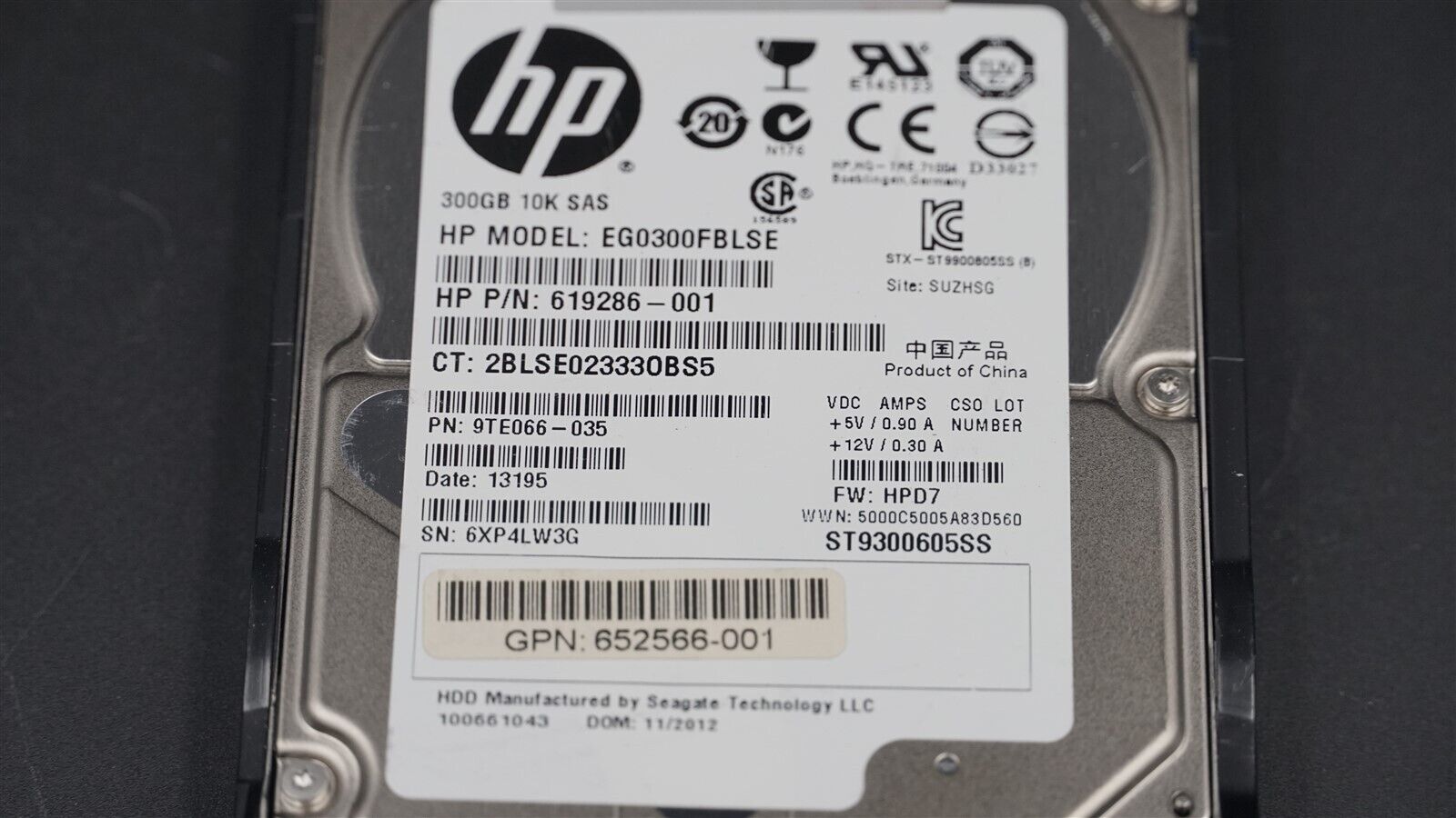 HPE 619286-001 EG0300FBLSE ST9300605SS 300GB 10K 6Gb/S 2.5" SAS HDD W/CADDY