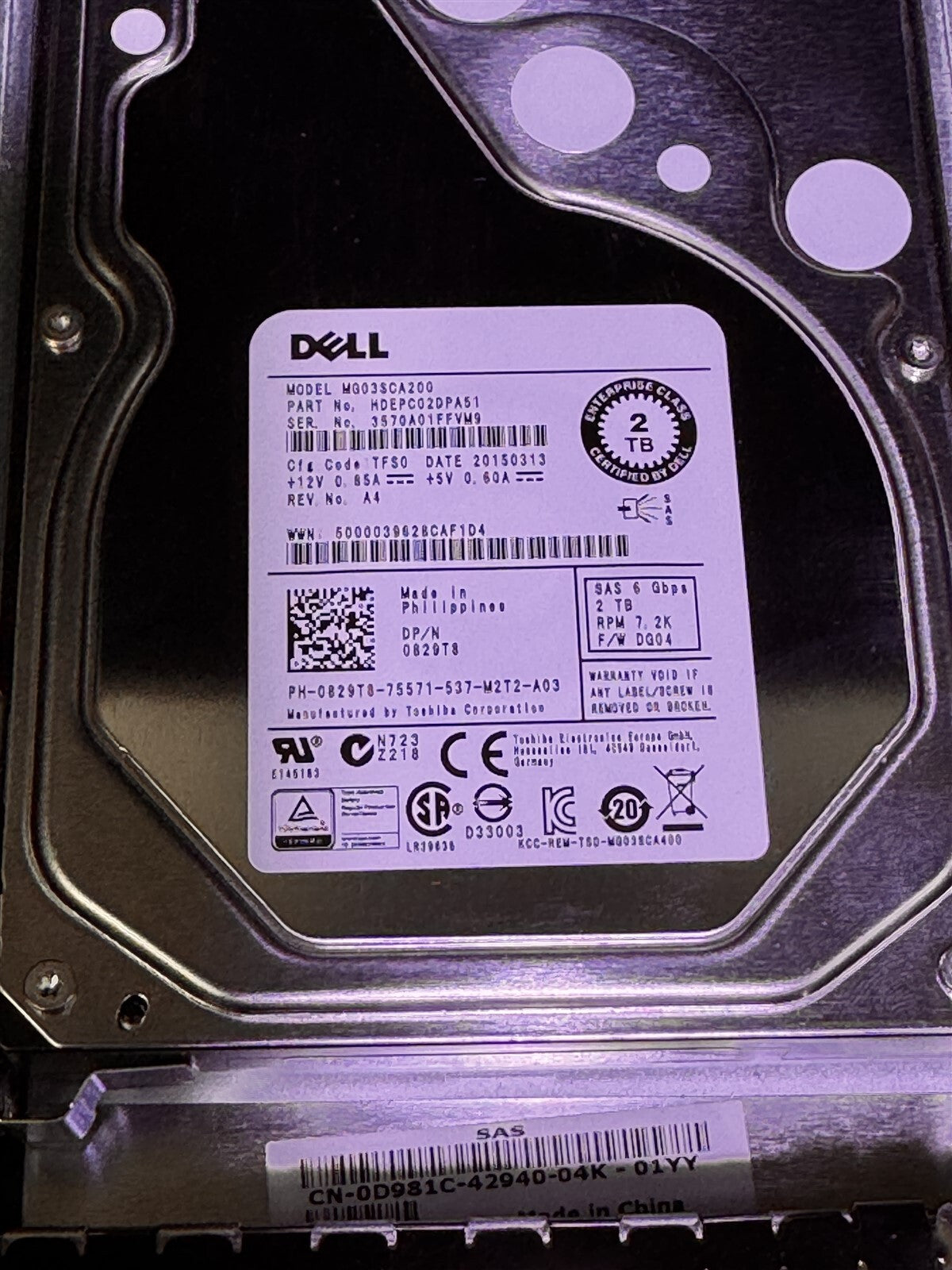 829T8 DELL 2TB 7.2K RPM SAS 6Gbps 3.5" LFF HARD DRIVE POWEREDGE R720 R720XD