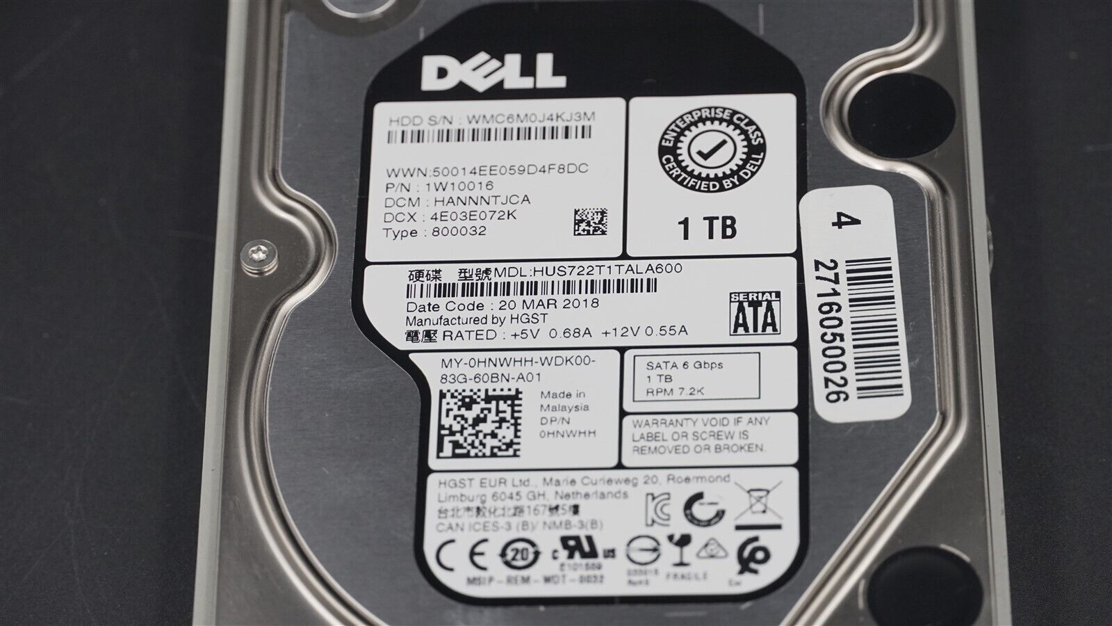 DELL HNWHH 0HNWHH HUS722T1TALA600 1TB SATA 6GB/S 7.2K 3.5" HARD DRIVE W/ CADDY