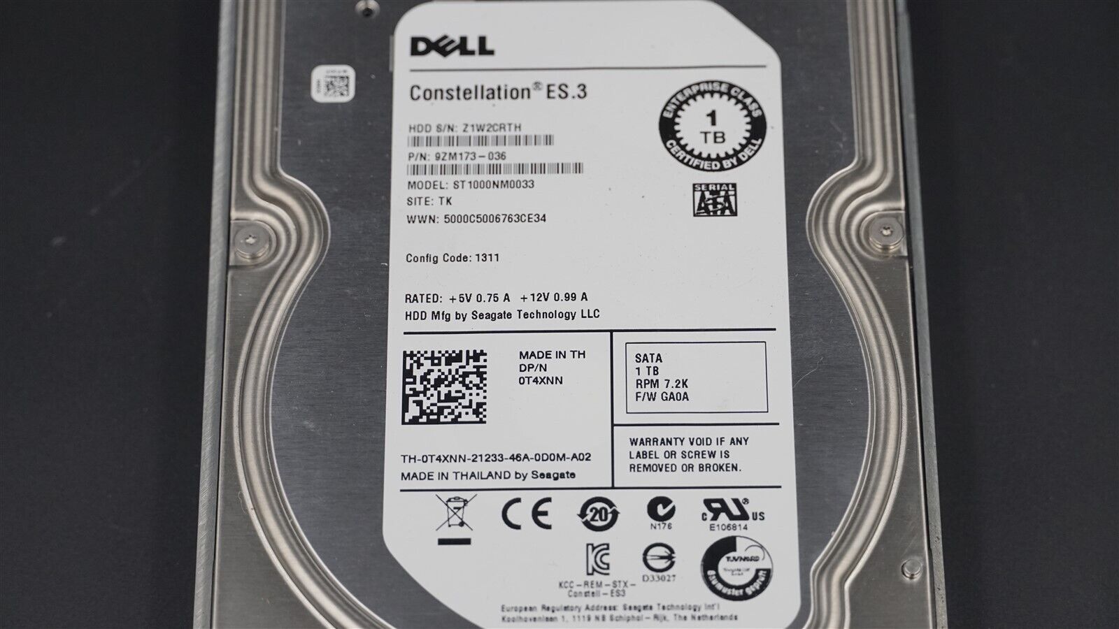 DELL 0T4XNN T4XNN ST1000NM0033 1TB 7.2K 6Gb/S 3.5 SATA HARD DRIVE W/F238F TRAY