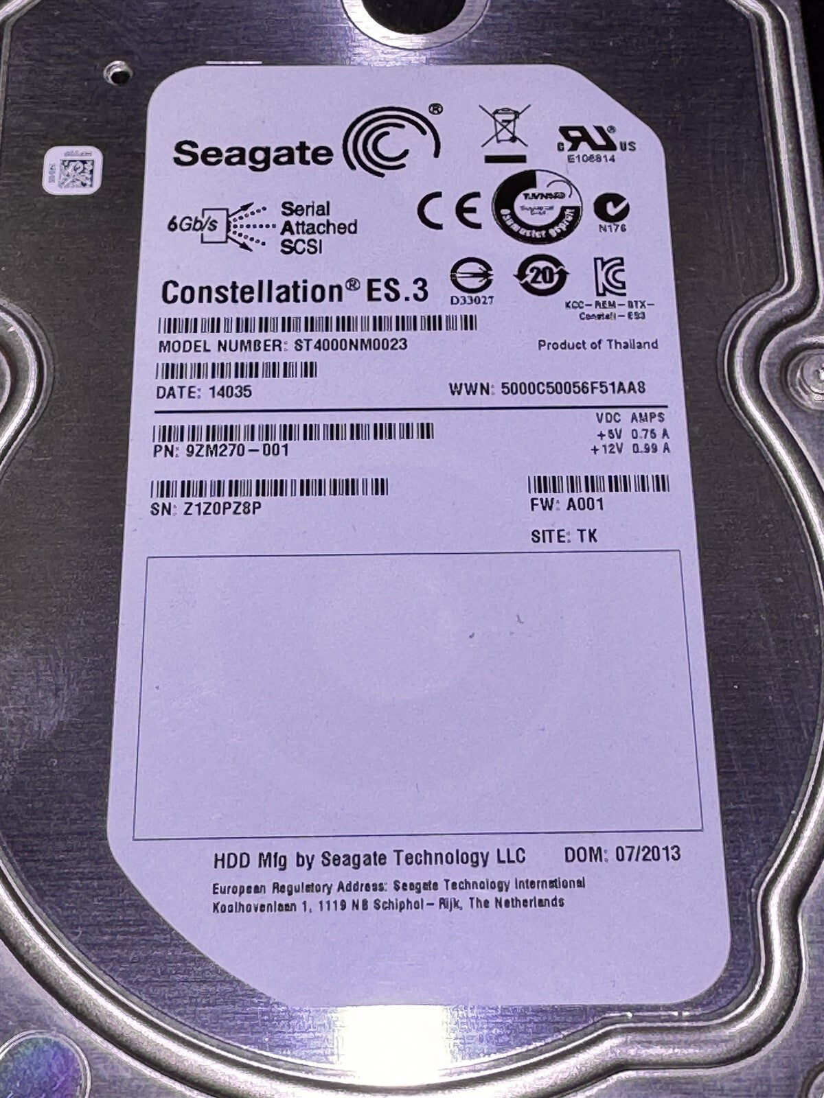 ST4000NM0023 9ZM270-001 SEAGATE 4TB 7200RPM LFF 3.5" SAS ENTERPRISE HARD DRIVE