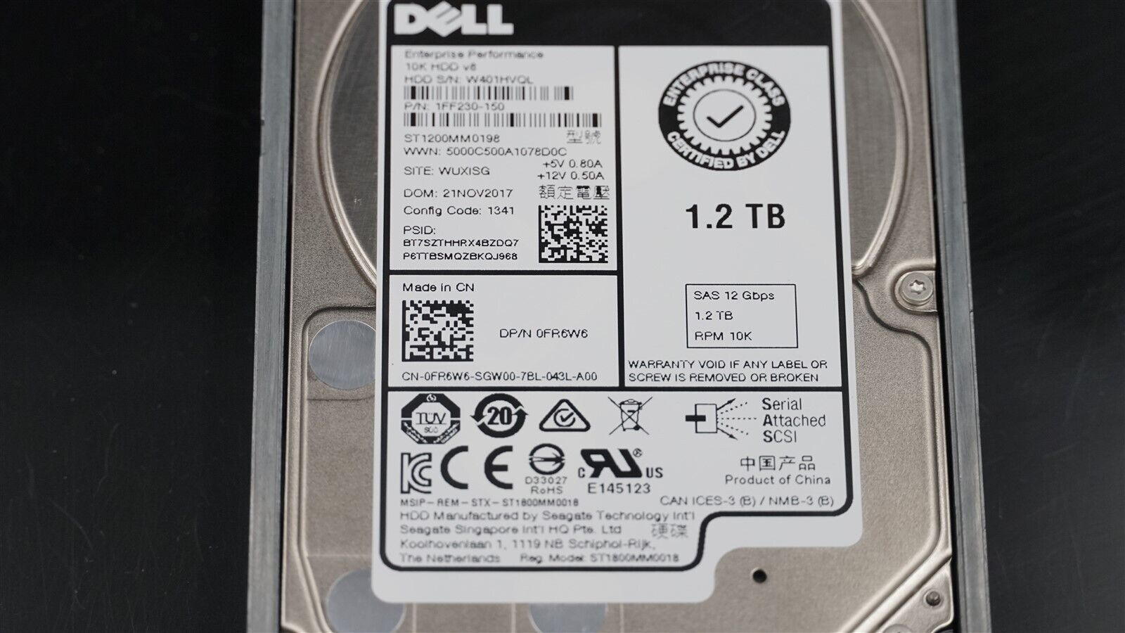 DELL 0FR6W6 ST1200MM0198 1FF230-150 1.2TB 10K 12Gb/S 2.5" SAS HDD W/CADDY