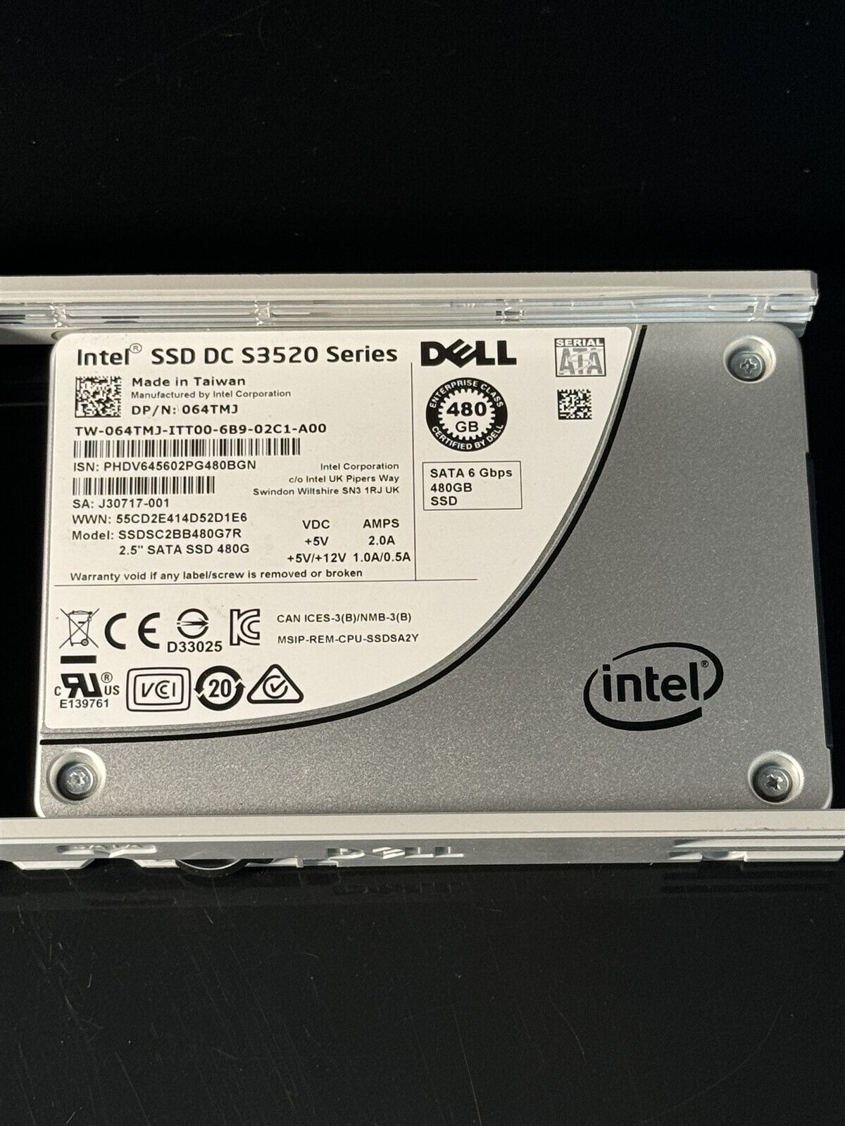 64TMJ SSDSC2BB480G7R DELL INTEL S3520 480GB SATA 6Gbps SSD WITH 2.5" TRAY