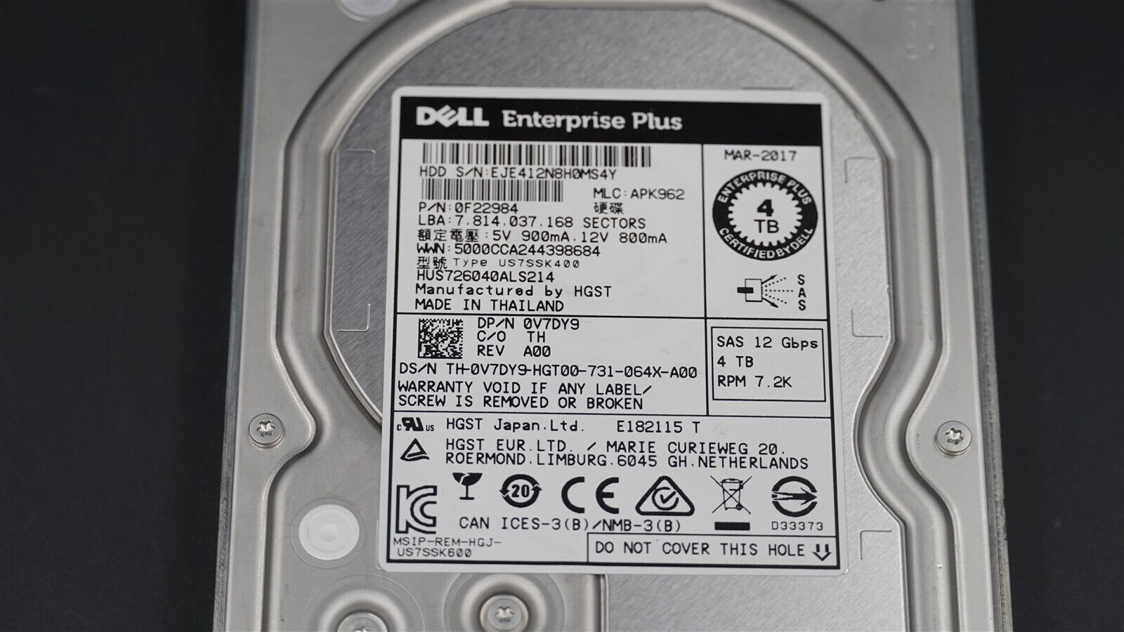 0V7DY9 HUS726040ALS214 DELL 4TB 7200RPM LFF 3.5" SAS 12GB/S HARD DRIVE W/ TRAY