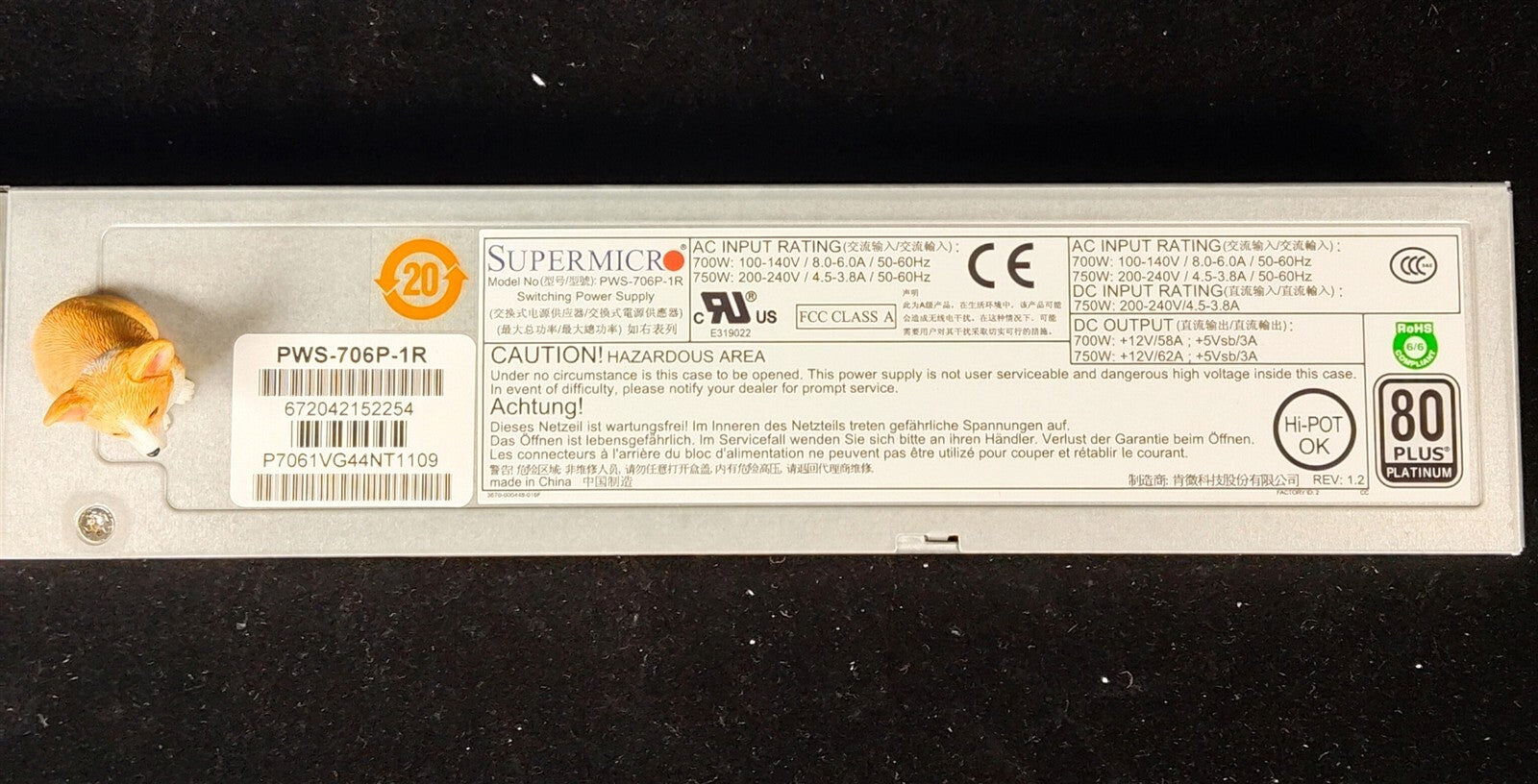 PWS-706P-1R SUPERMICRO 750W 80+ PLATINUM SWITCHING POWER SUPPLY