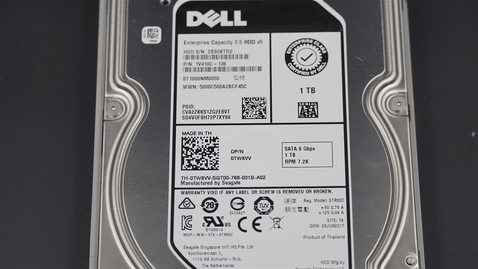 DELL 0TW8VV TW8VV ST1000NM0055 1TB 7.2K 6Gb/S 3.5 SATA HARD DRIVE W/F238F TRAY