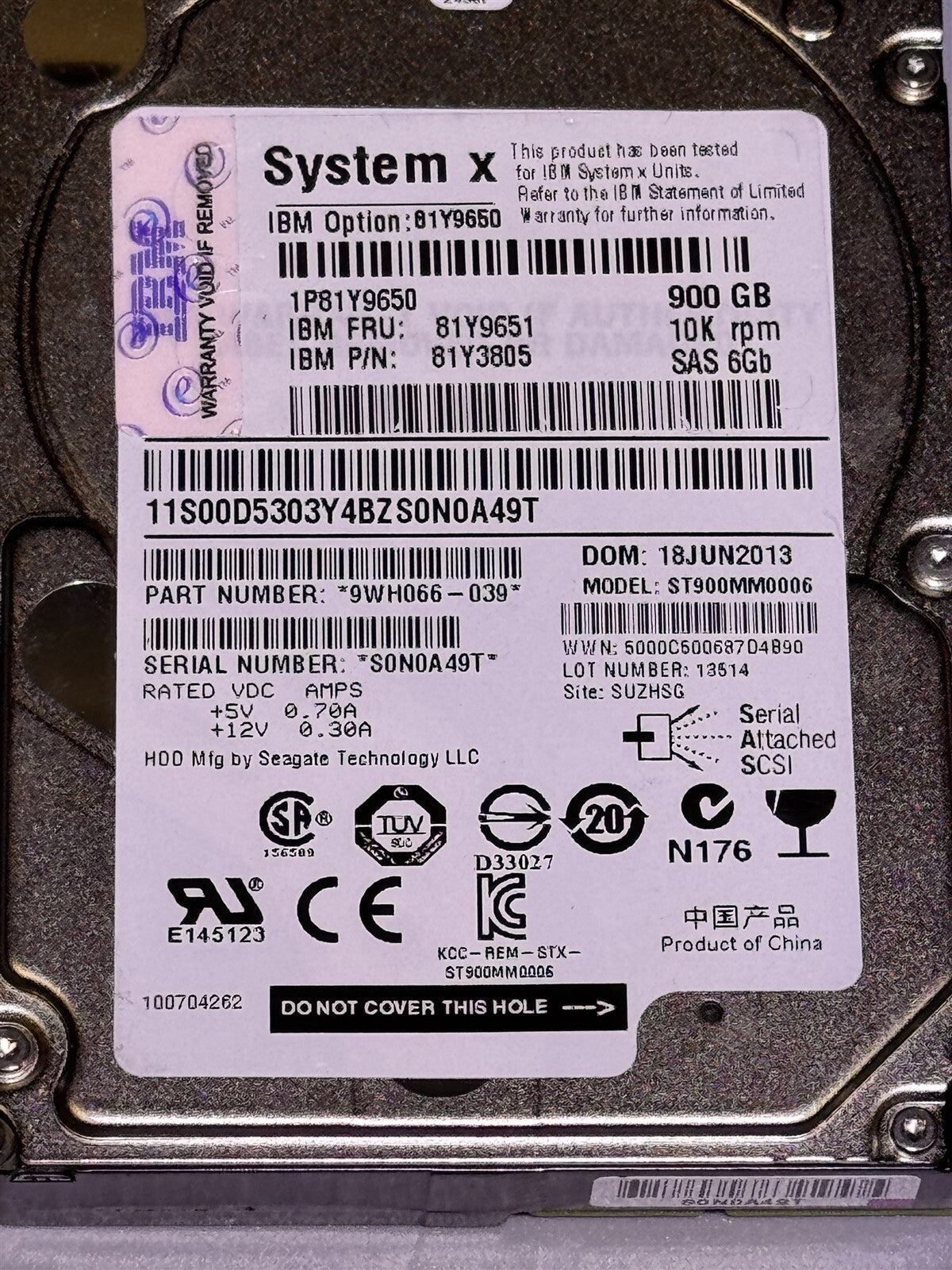 81Y9651 IBM 900GB 10K 2.5" SAS 6Gbps 81Y9650 81Y3805 ST900MM0006 HARD DRIVE
