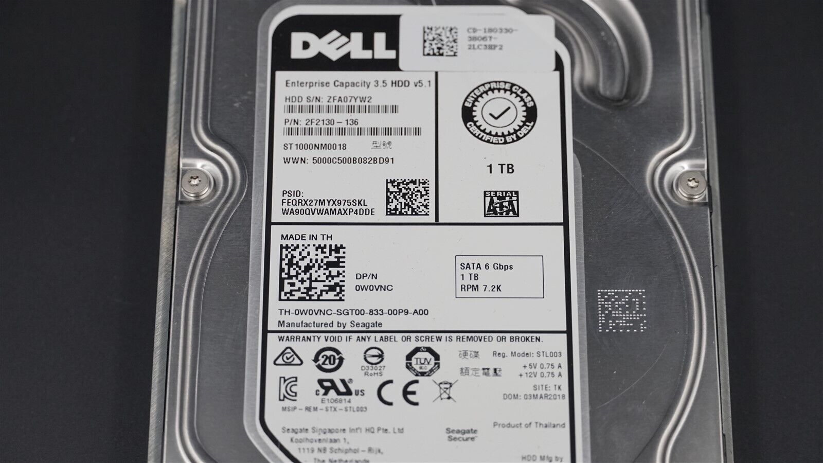 DELL 0W0VNC W0VNC ST1000NM0018 1TB 7.2K 6Gb/S 3.5 SATA HARD DRIVE W/F238F TRAY