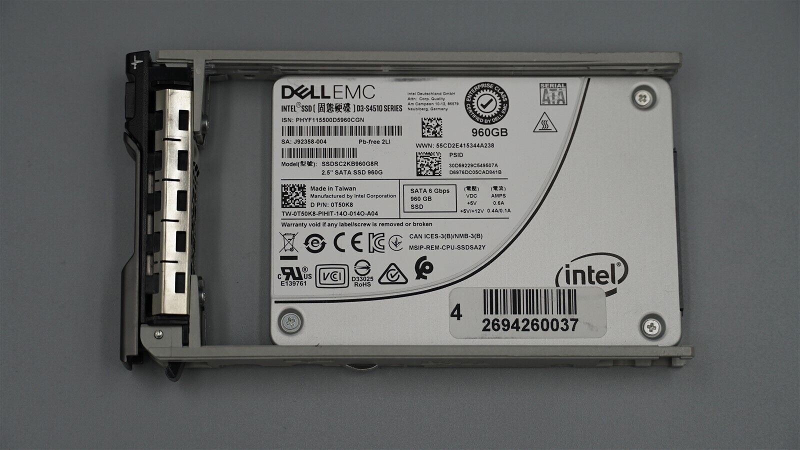 T50K8 0T50K8 DELL ECM 960GB SATA SSD 2.5" 6GBPS INTEL SSDSC2KB960G8R W/ G176J