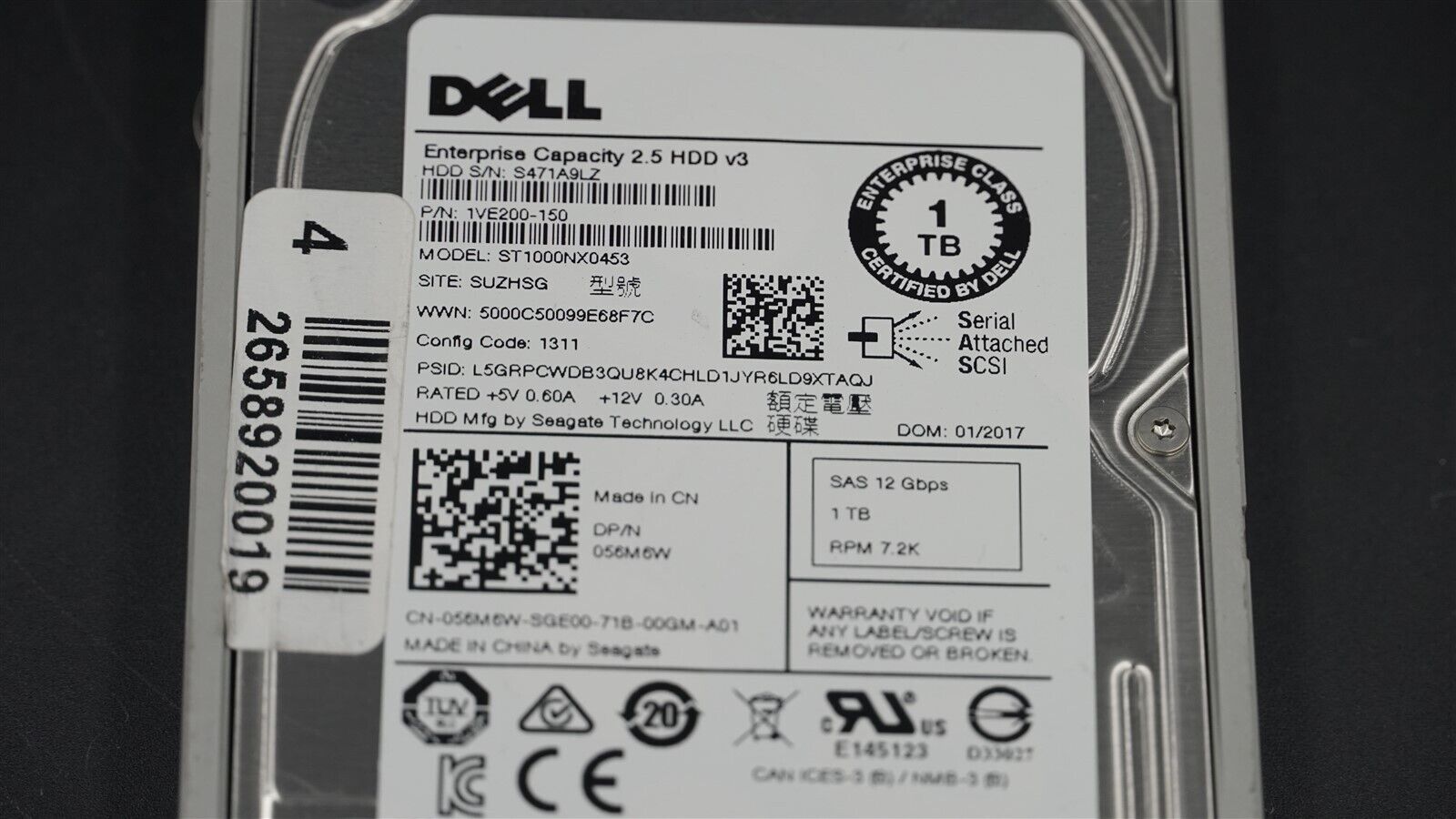 DELL 056M6W 56M6W ST1000NX0453 1TB 7.2K 12Gb/S 2.5" SAS HDD W/CADDY