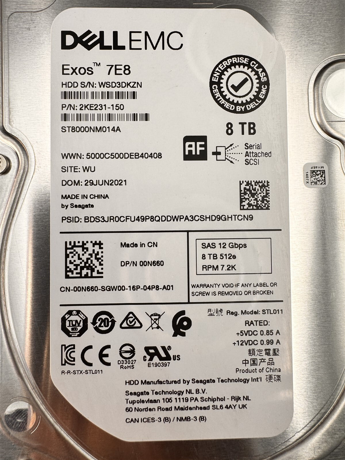 0N660 DELL 8TB 7.2K RPM 12Gbps 3.5" SAS HARD DRIVE GEN14 ST8000NM014A EXOS 7E8