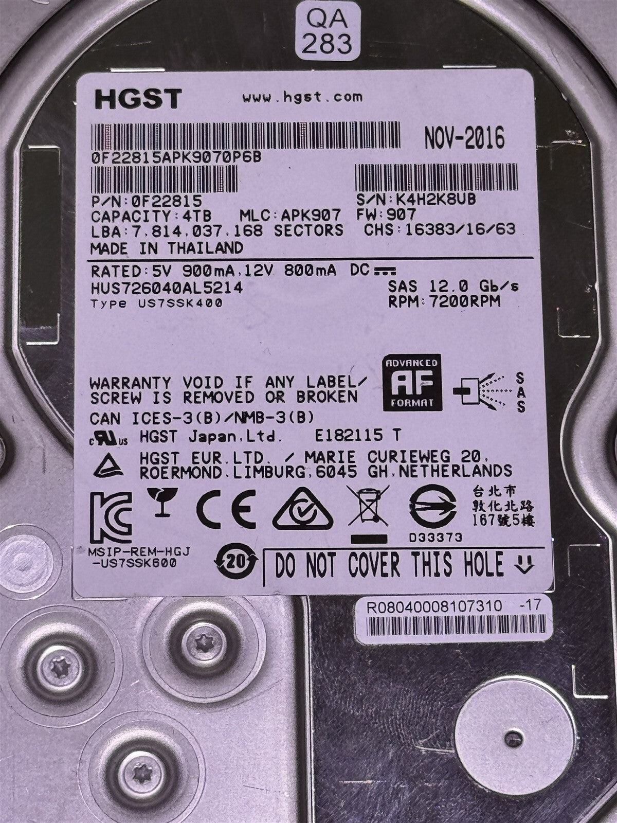HUS726040AL5214 HGST 4TB 7200RPM 12Gbps 3.5" LFF SAS HARD DRIVE 0F22815