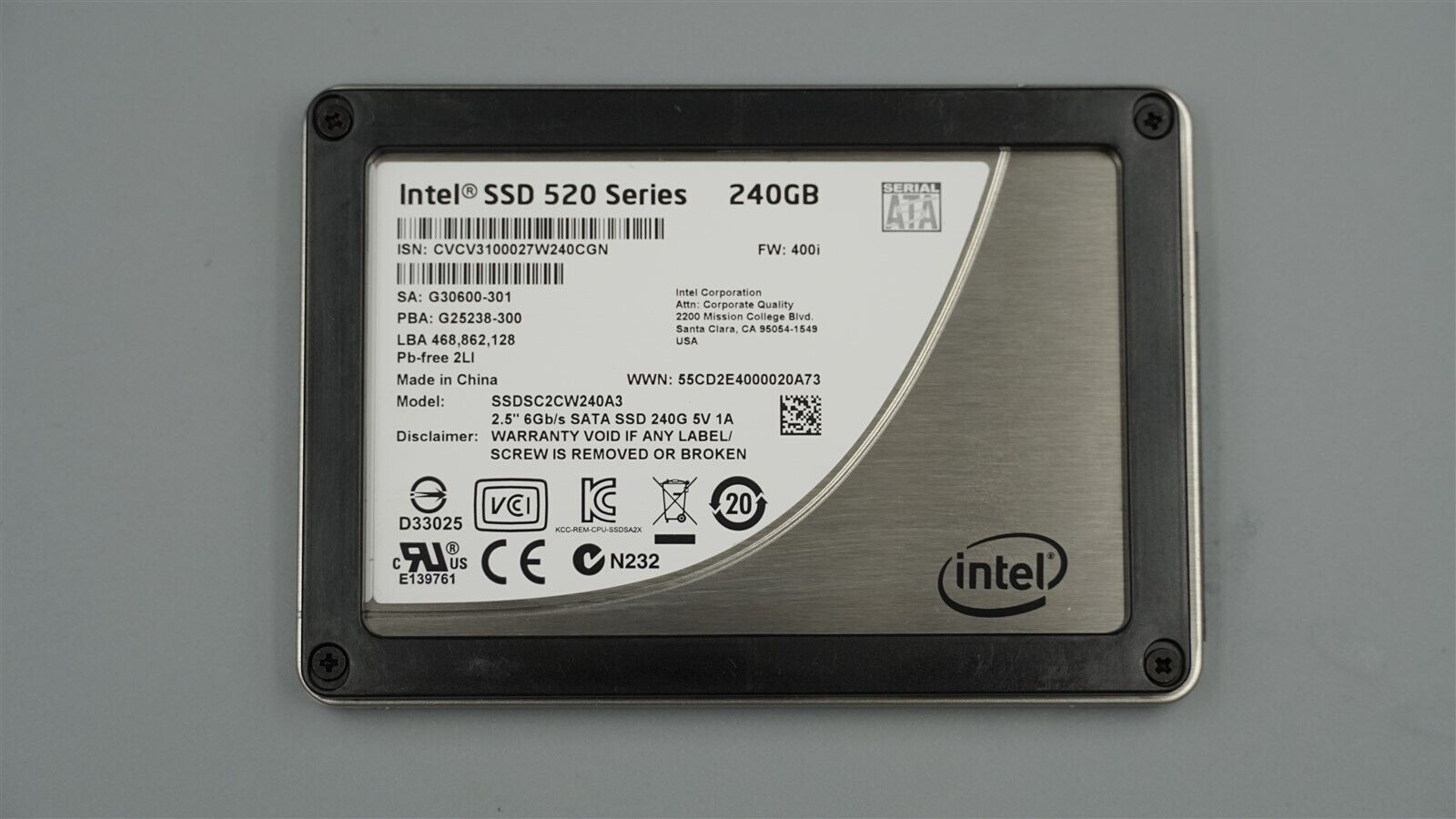 SSDSC2CW240A3 INTEL INTEL SSD 520 SERIES 240GB 2.5" 6Gb/s SATA SOLID STATE DRIVE