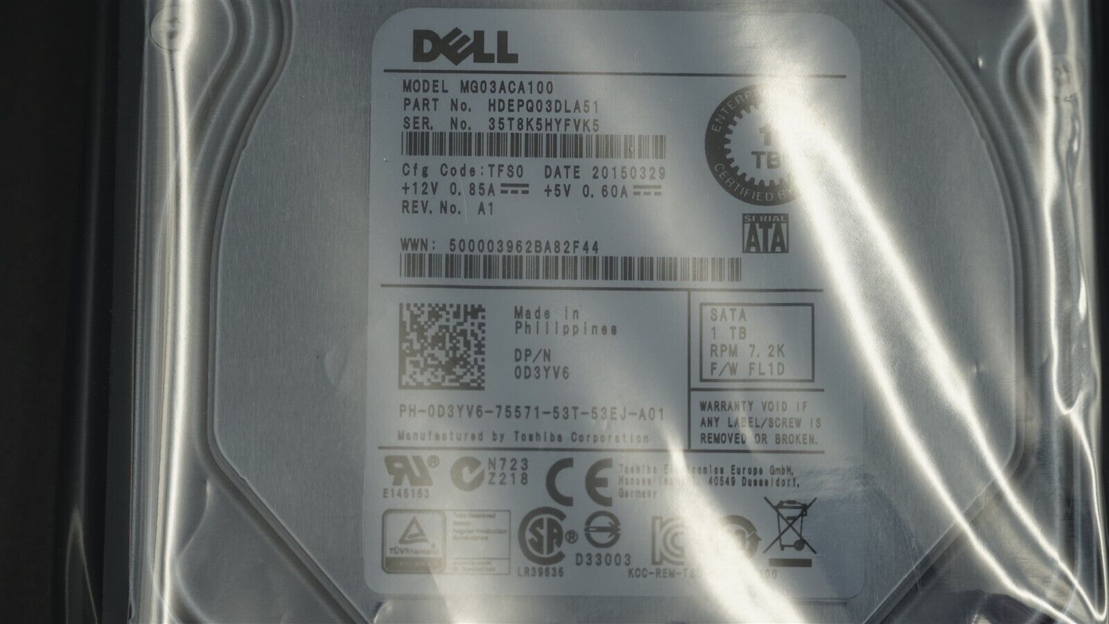 DELL D3YV6 03C46W MG03ACA100 1TB SATA 7.2K 3.5" HARD DRIVE W/ DELL TRAY