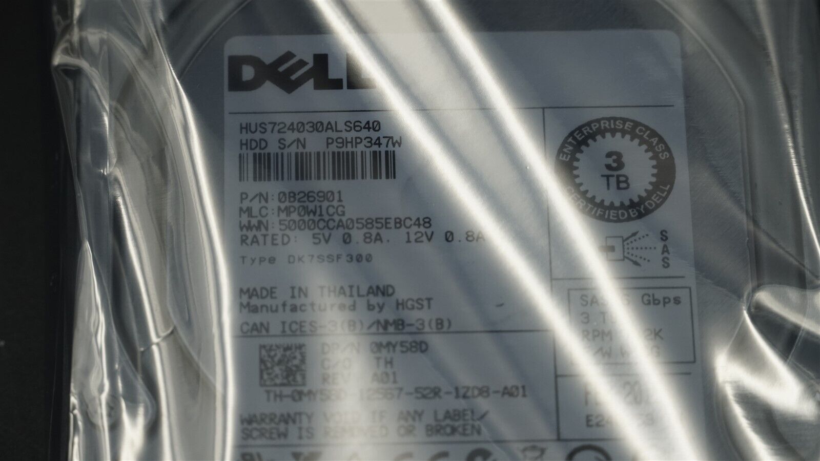 DELL MY58D 0MY58D 0B26901 HUA724030ALS640 3TB 7.2K 6GB/S 3.5" SAS HARD DRIVE