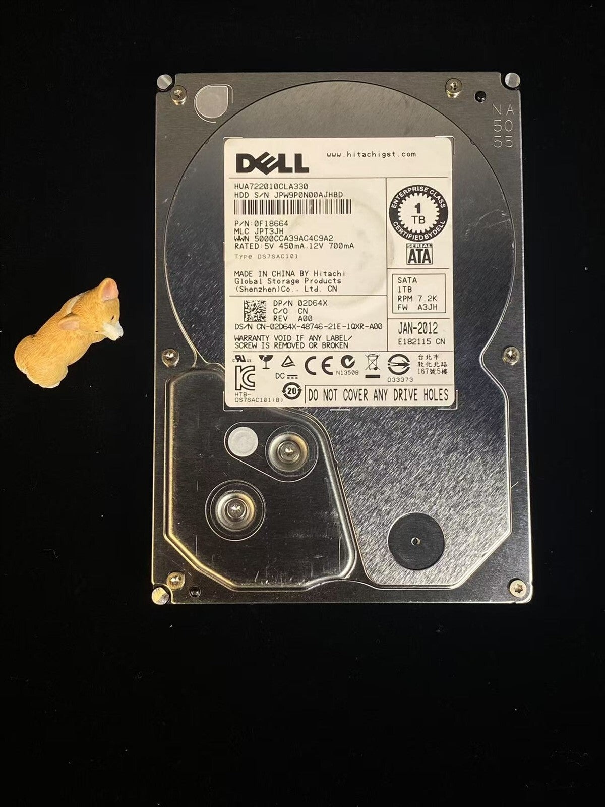 2D64X DELL HITACHI 1TB 7.2K 3G SATA LFF HDD HUA722010CLA330 02D64X