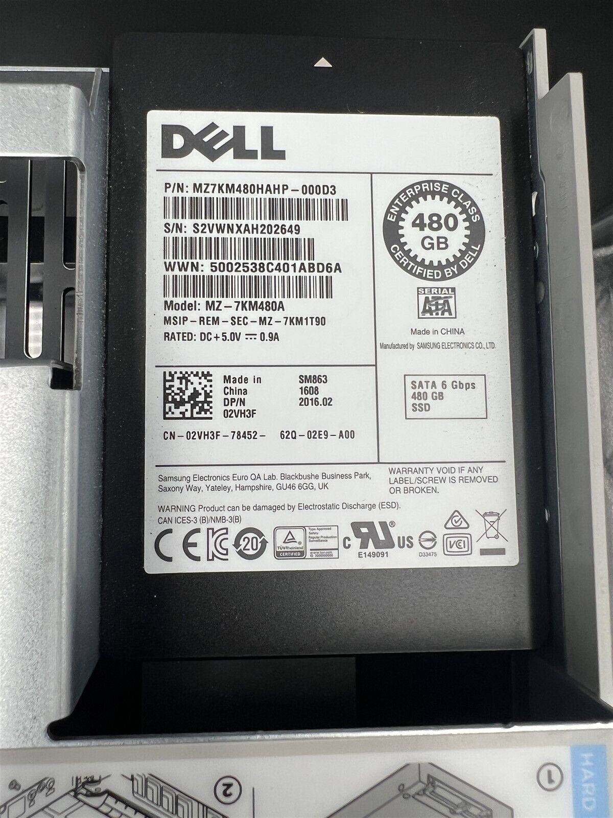 2VH3F MZ7KM480HAHP DELL SAMSUNG 480GB SATA 6Gbps SSD WITH 3.5" TRAY