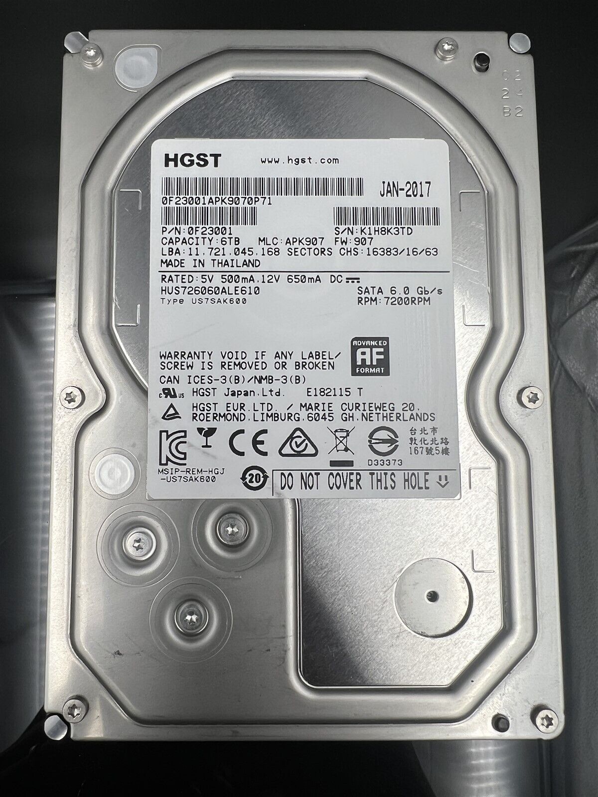 HUS726060ALE610 HGST 6TB 6Gb/S 7.2K 0F23001 3.5" SATA ENTERPRISE HARD DRIVE