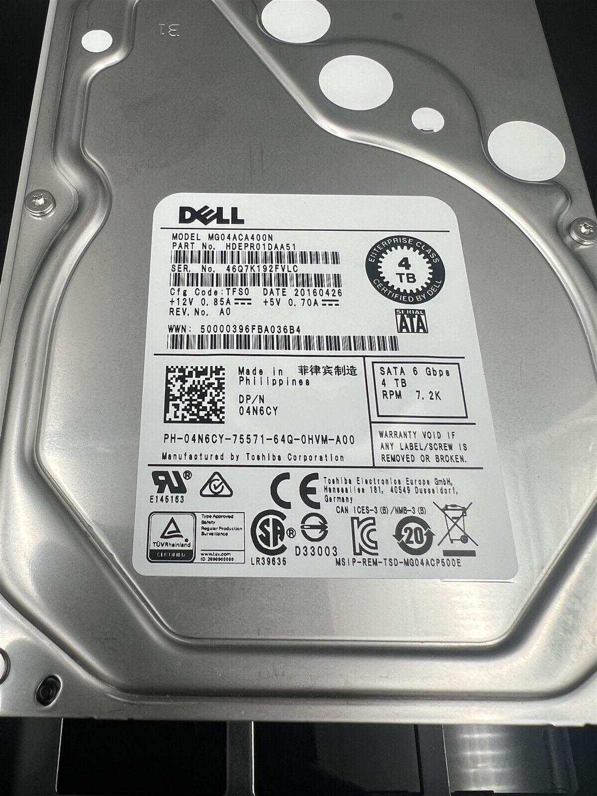 4N6CY MG04ACA400N DELL TOSHIBA 4TB 7.2K 6Gb/S 3.5 SATA WITH TRAY FOR R720 R730