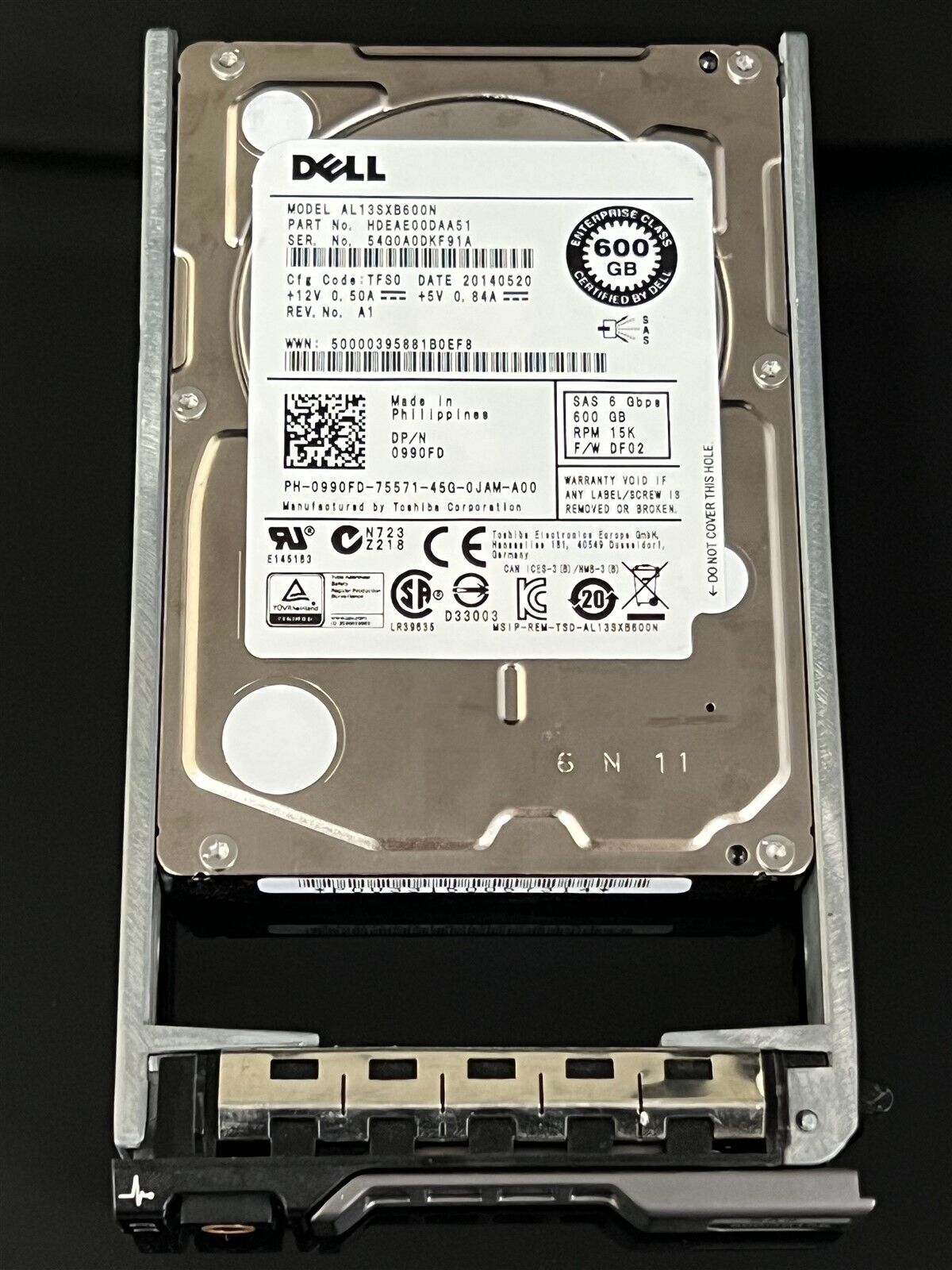 990FD Dell AL13SXB600N SAS 6 Gbps RPM 15k 600GB 2.5" Enterprise Hard Drive W/Tra